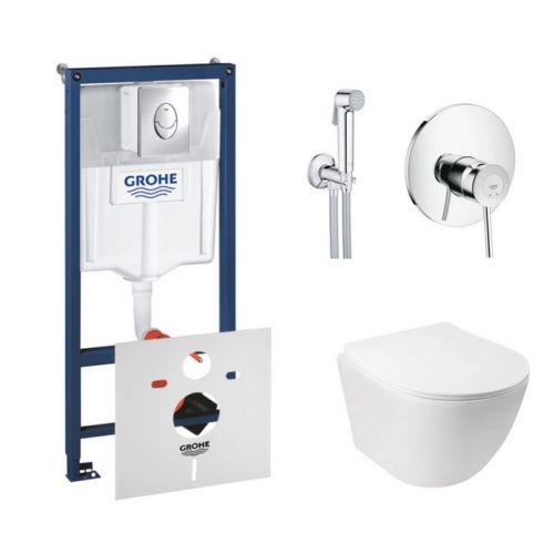 Комплект інсталяція Grohe Rapid SL 38721001 + унітаз з сидінням Qtap Jay QT07335176W + набір гігієнічного душу